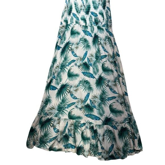 Knox Rose Womens Palm Print Midi Dress L White Green Strappy Smocked Bodice - Picture 11 of 14